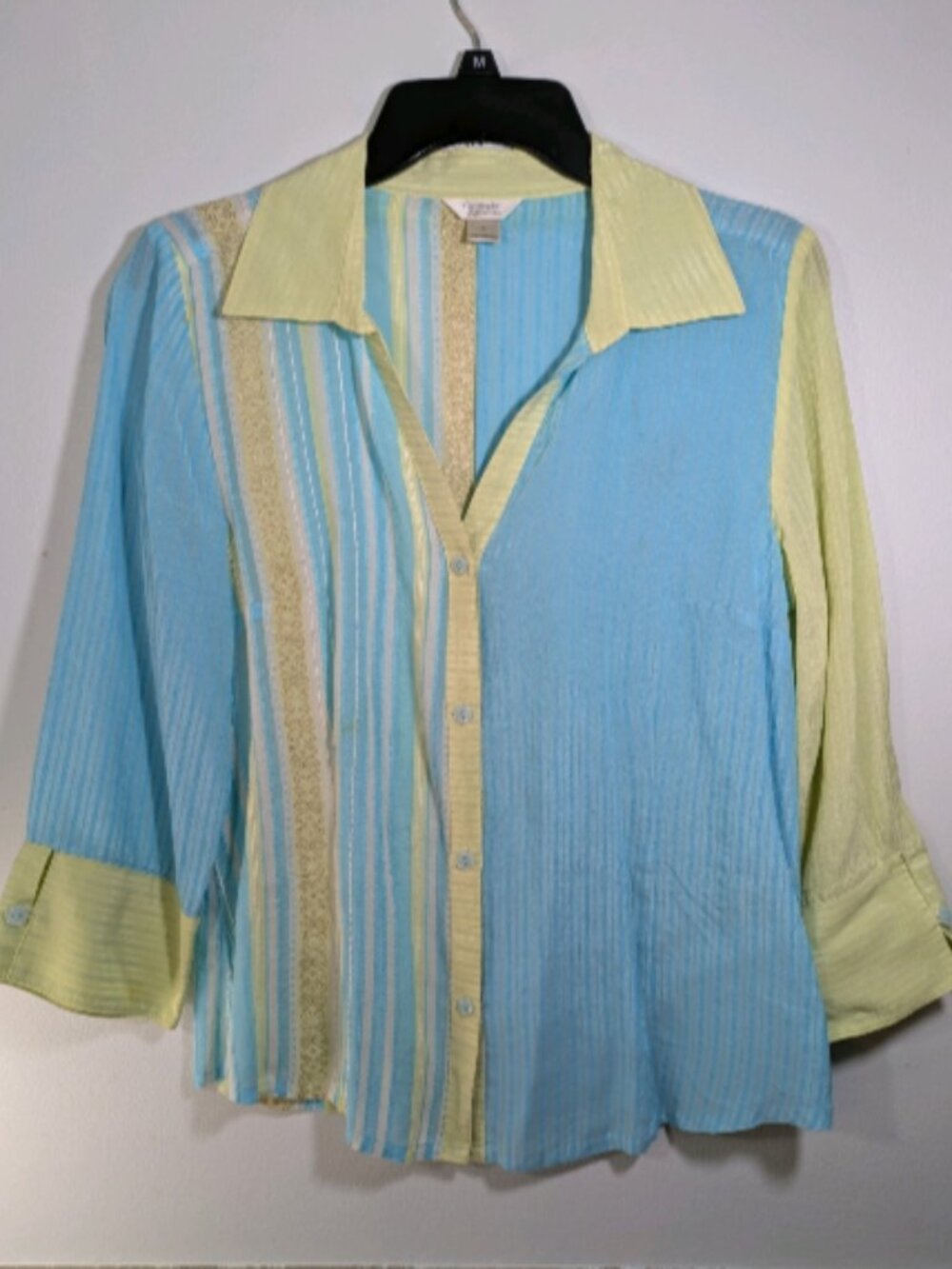 Christopher & Banks 3/4 Sleeve Rayon Blend Blue Yellow Striped Button-Up Top S